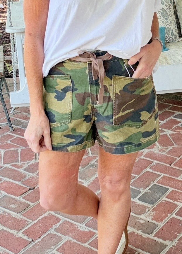 Slouchy Camo Print Patch Pocket Shorts | Risen - Risen shorts - Jimberly's Boutique - Olive Branch - Mississippi