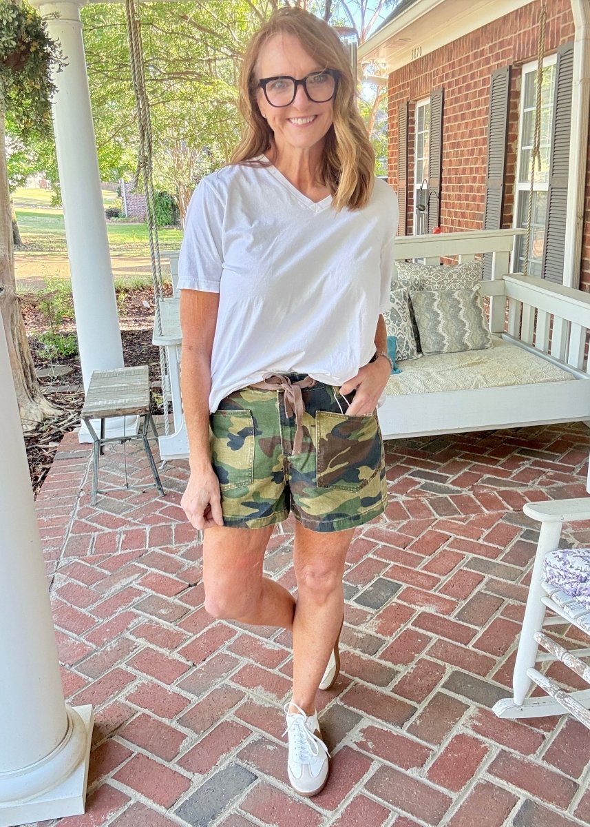 Slouchy Camo Print Patch Pocket Shorts | Risen - Risen shorts - Jimberly's Boutique - Olive Branch - Mississippi