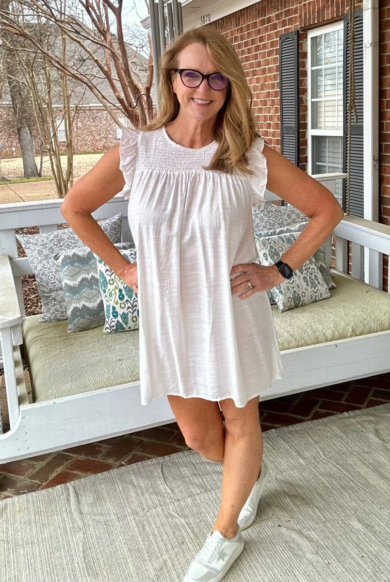 Smocked Ruffle Sleeve Dress - Off White - Casual Dress -Jimberly's Boutique-Olive Branch-Mississippi