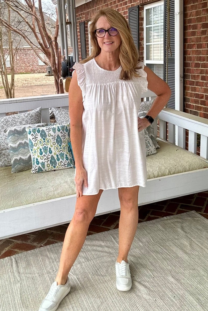 Smocked Ruffle Sleeve Dress - Off White - Casual Dress -Jimberly's Boutique-Olive Branch-Mississippi