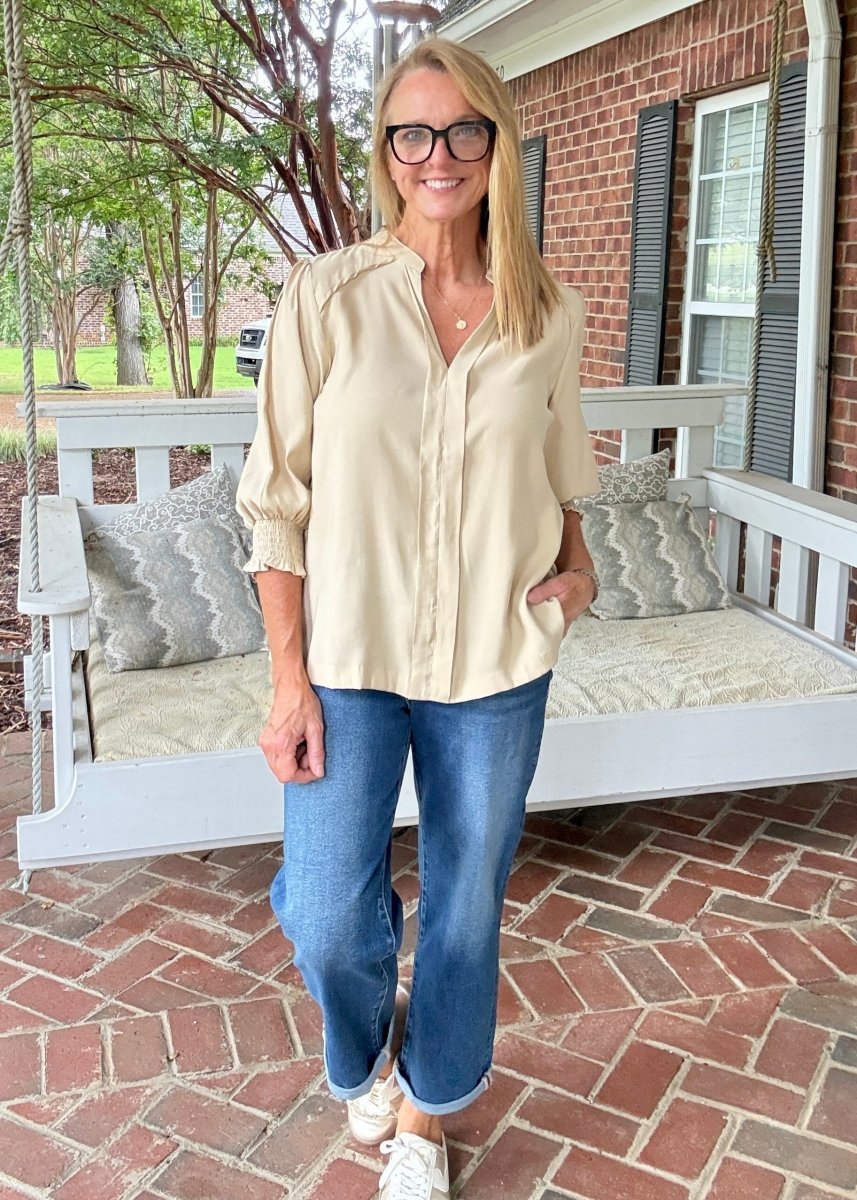 Split Neck Woven Top - Latte - Umgee Top -Jimberly's Boutique-Olive Branch-Mississippi