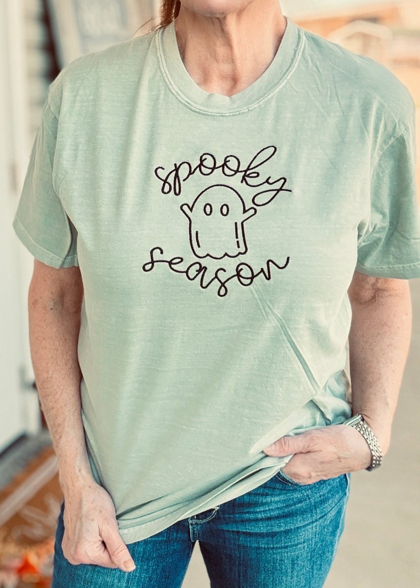 Spooky Season Ghost Embroidered Tee - Embroidered Comfort Colors - Jimberly's Boutique - Olive Branch - Mississippi
