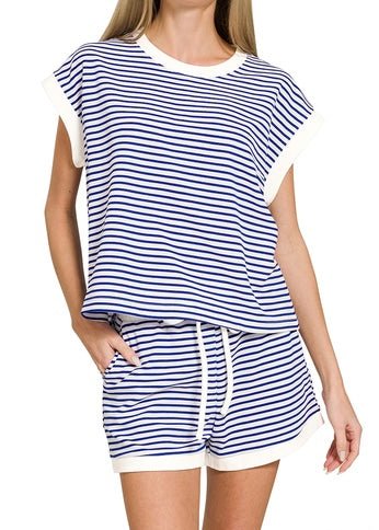Stripe Contrast Trim Shorts Set - Bright Blue - Shorts set - Jimberly's Boutique - Olive Branch - Mississippi