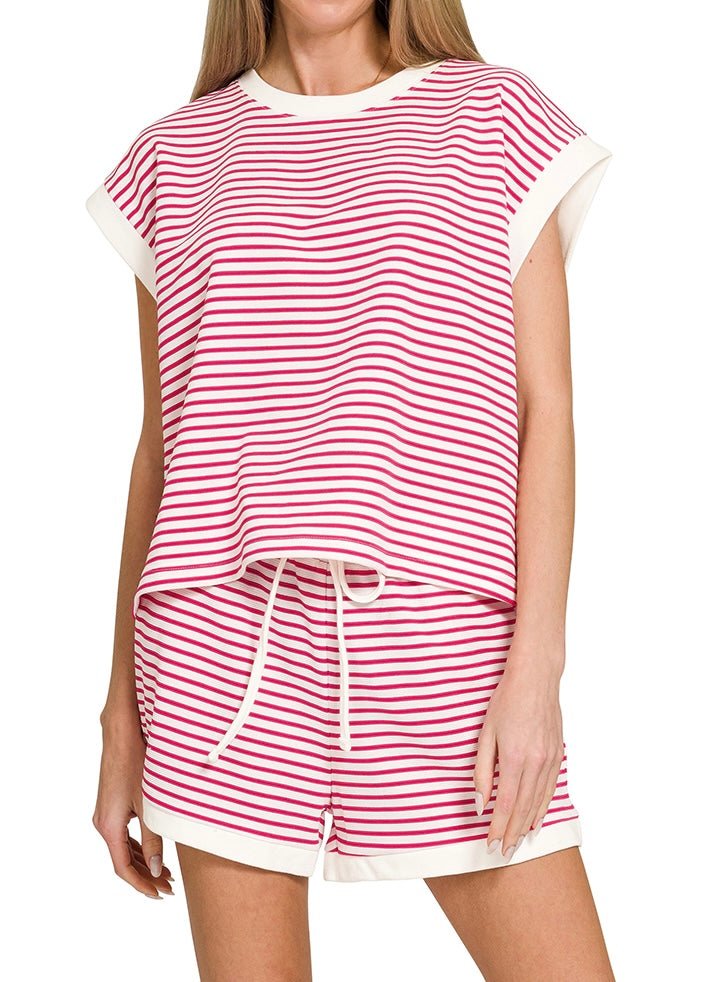 Stripe Contrast Trim Shorts Set - Hot Pink - Shorts set - Jimberly's Boutique - Olive Branch - Mississippi