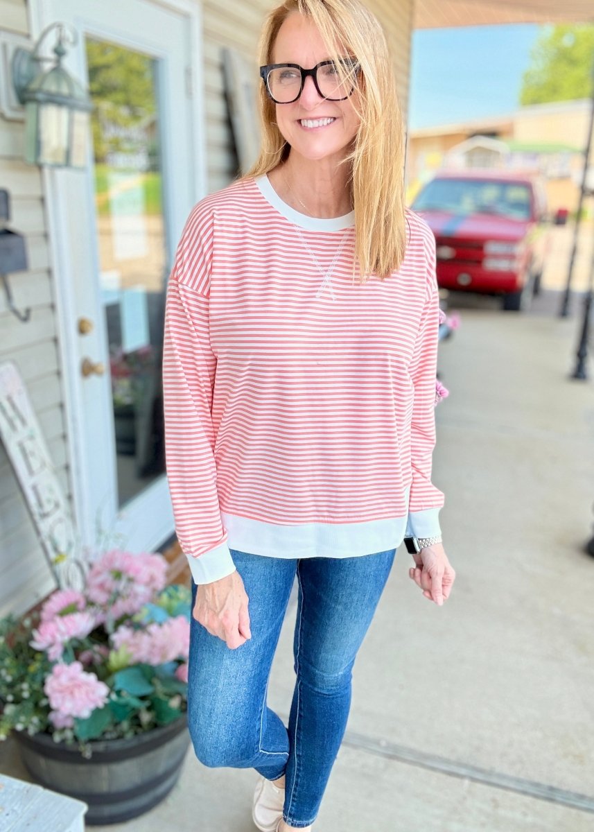 Striped Banded Pullover - Coral | Zenana - pullover -Jimberly's Boutique-Olive Branch-Mississippi