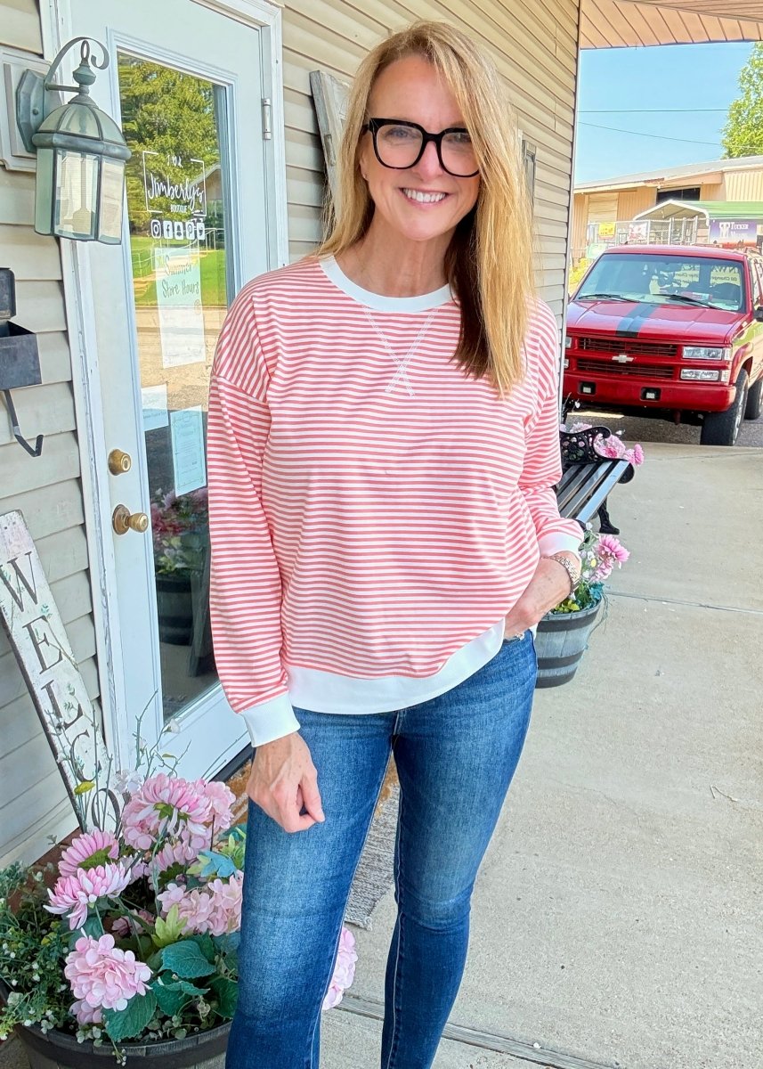 Striped Banded Pullover - Coral | Zenana - pullover -Jimberly's Boutique-Olive Branch-Mississippi