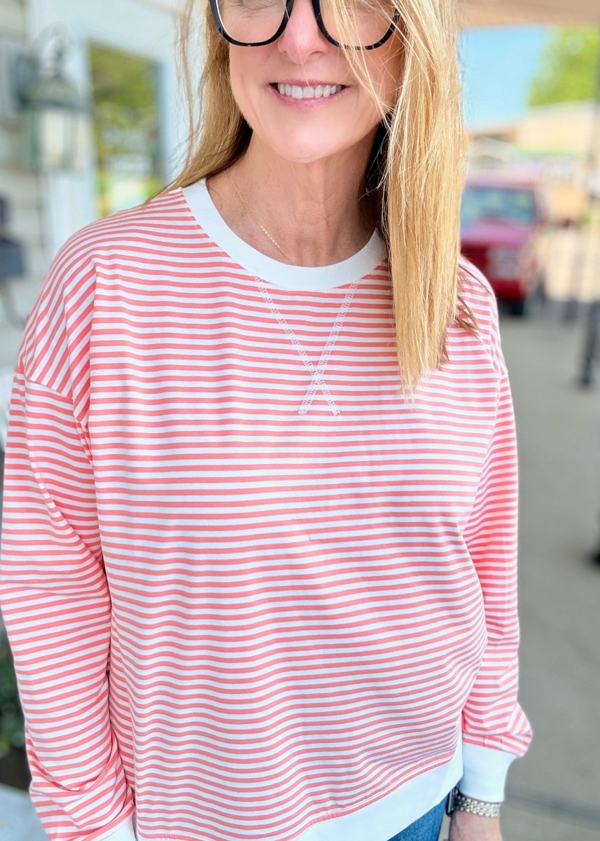 Striped Banded Pullover - Coral | Zenana - pullover -Jimberly's Boutique-Olive Branch-Mississippi