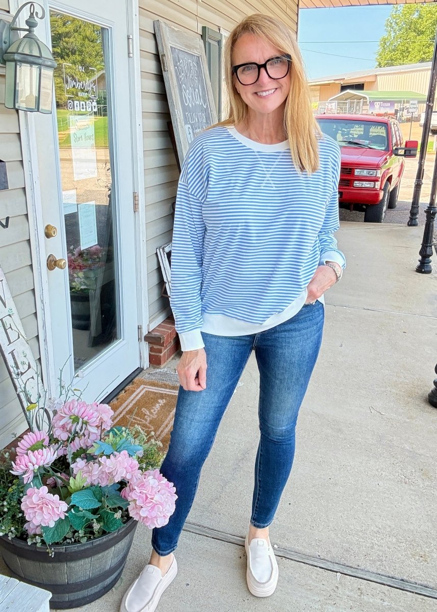 Striped Banded Pullover - Cornflower Blue | Zenana - pullover -Jimberly's Boutique-Olive Branch-Mississippi