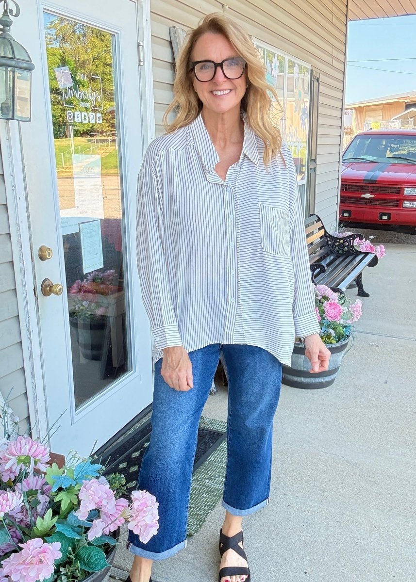 Striped Button Down Shirt - Brown - Jimberly's Boutique-Olive Branch-Mississippi