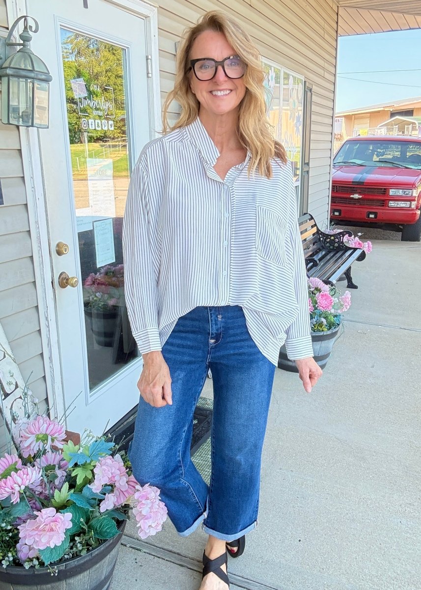 Striped Button Down Shirt - Brown - Jimberly's Boutique-Olive Branch-Mississippi