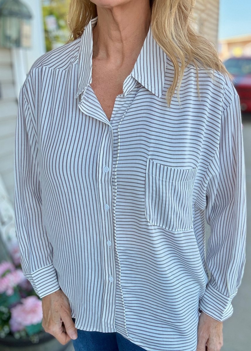 Striped Button Down Shirt - Brown - Jimberly's Boutique-Olive Branch-Mississippi
