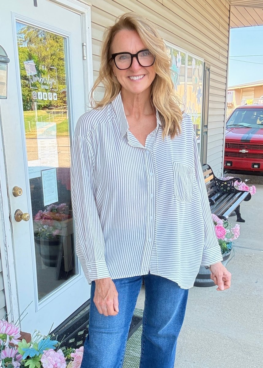 Striped Button Down Shirt - Brown - Jimberly's Boutique-Olive Branch-Mississippi
