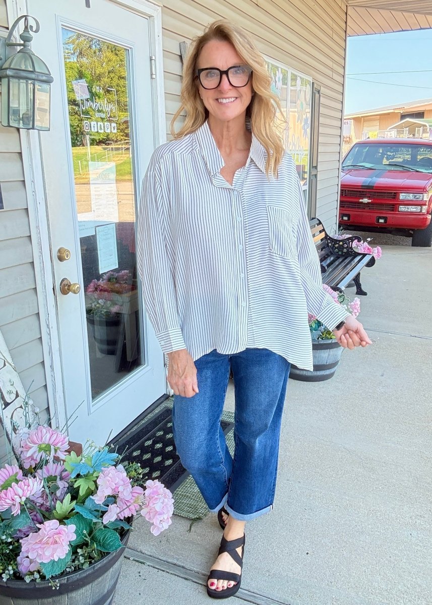 Striped Button Down Shirt - Brown - Jimberly's Boutique-Olive Branch-Mississippi