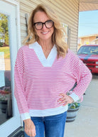 Striped Split Neck Collared Top - Hot Pink - Jimberly's Boutique-Olive Branch-Mississippi