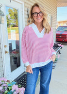 Striped Split Neck Collared Top - Hot Pink - Jimberly's Boutique-Olive Branch-Mississippi