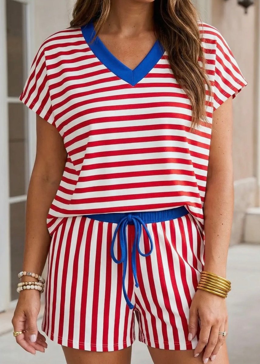 Striped V Neck Shorts Set - Red - short set -Jimberly's Boutique-Olive Branch-Mississippi