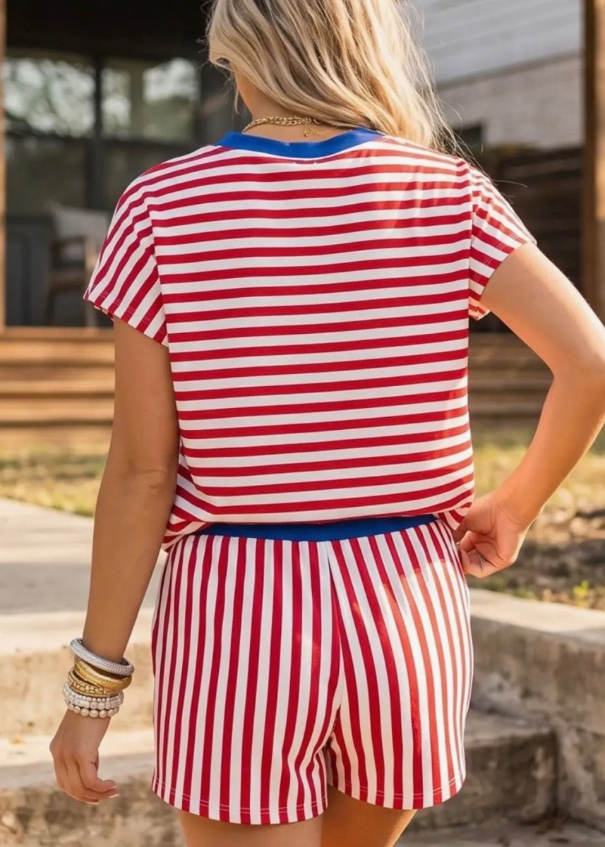 Striped V Neck Shorts Set - Red - short set -Jimberly's Boutique-Olive Branch-Mississippi