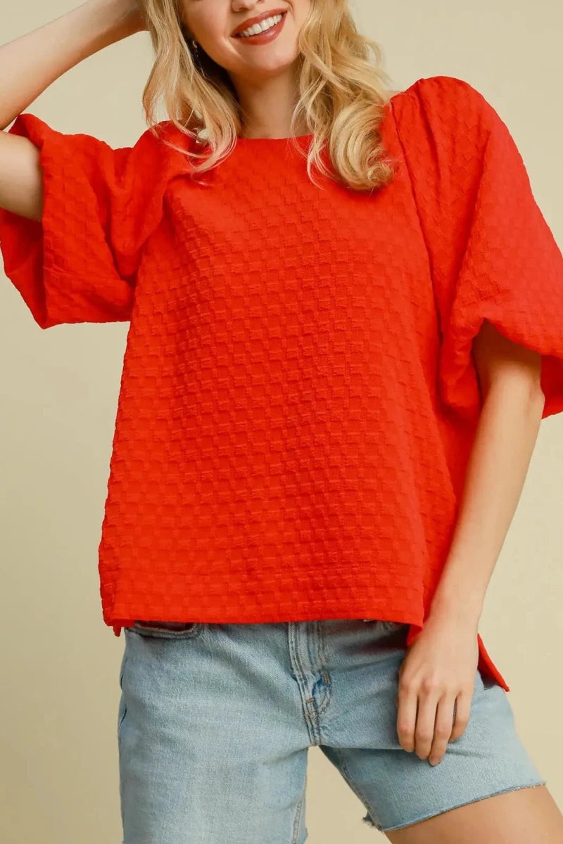 Textured Puff Sleeve Top - Red - Umgee Top -Jimberly's Boutique-Olive Branch-Mississippi
