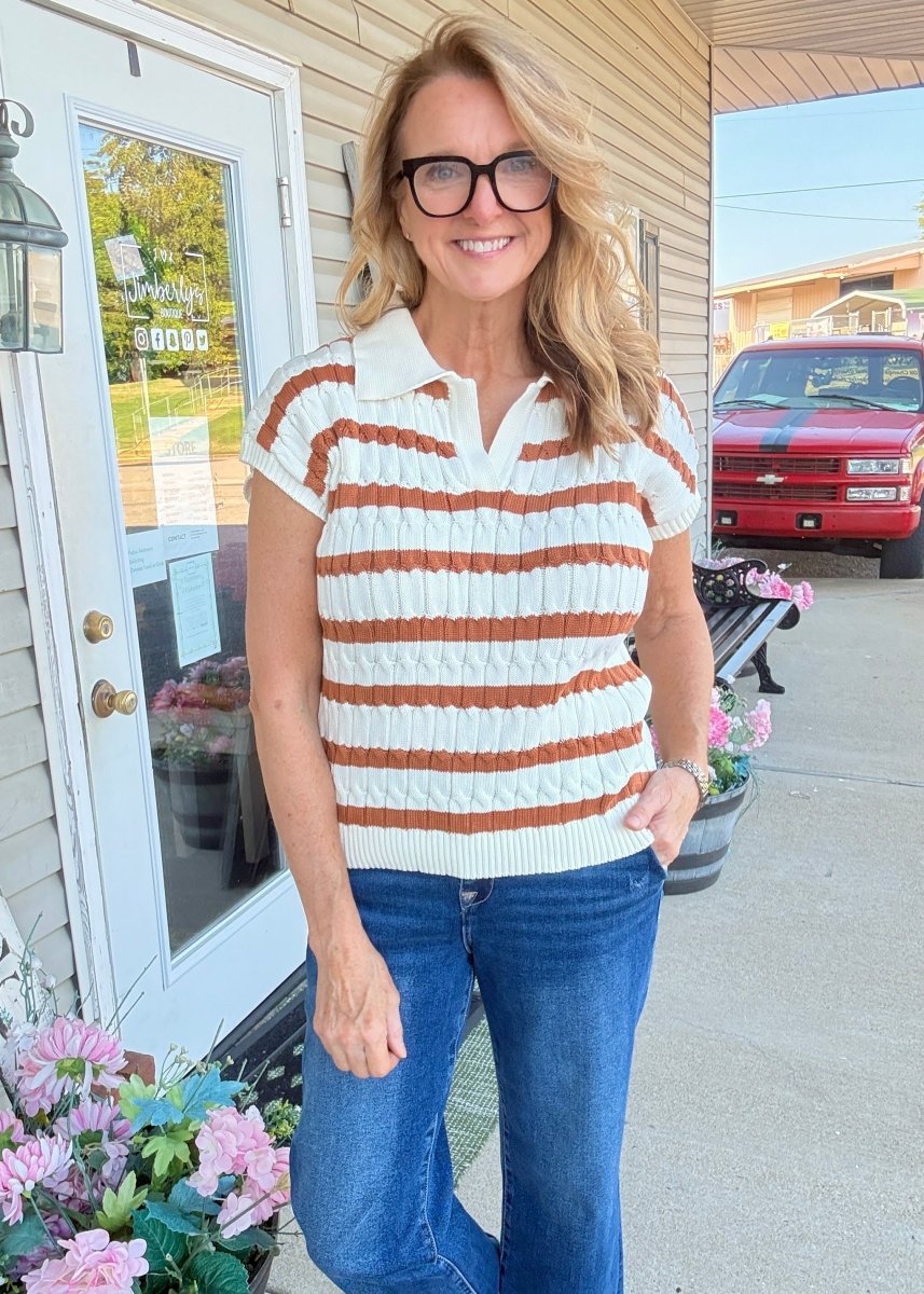 Textured Striped Collared Sweater Vest - Deep Camel - sweater -Jimberly's Boutique-Olive Branch-Mississippi