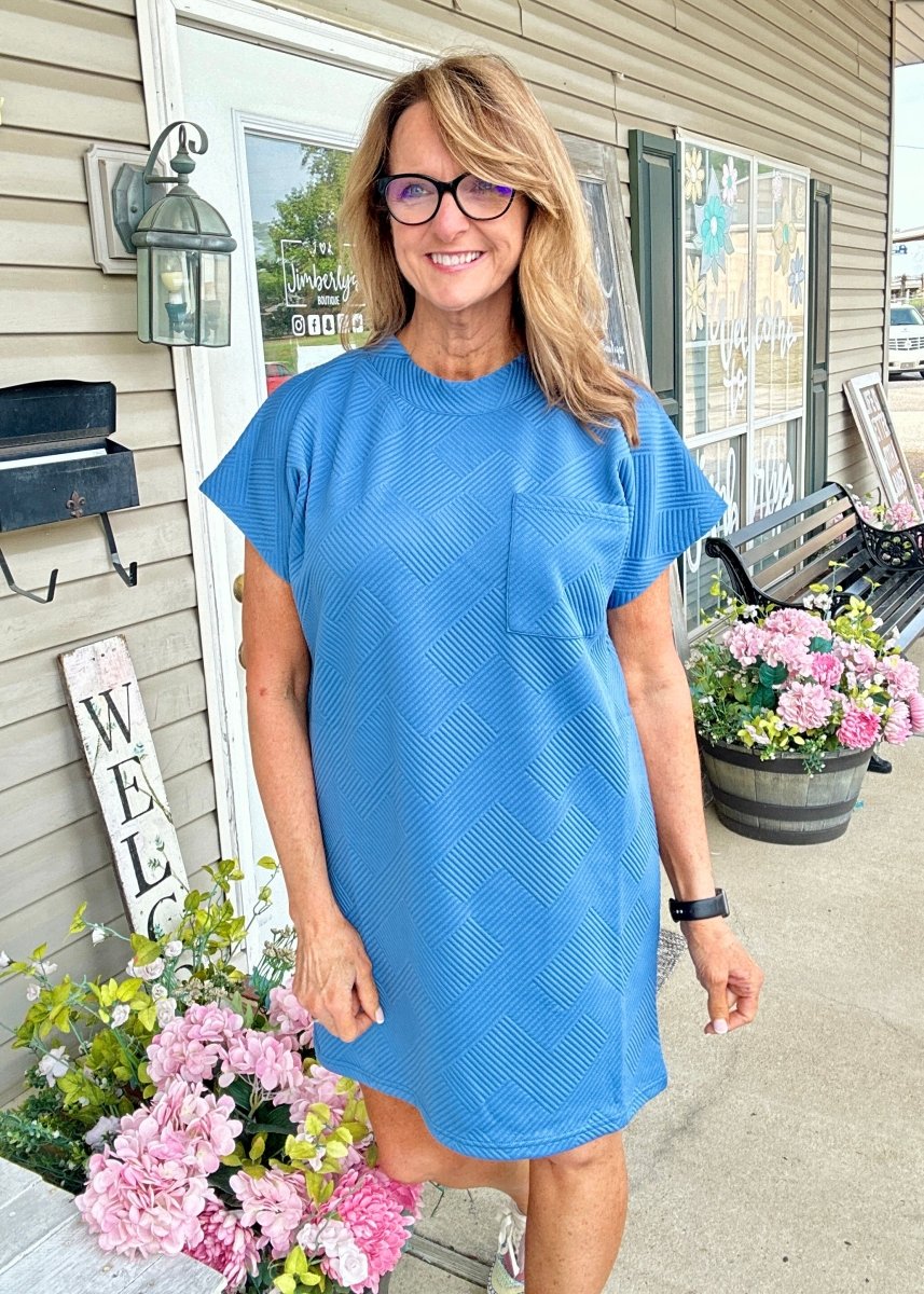 Textured T Shirt Dress - Dusty Blue - Casual Dress - Jimberly's Boutique - Olive Branch - Mississippi
