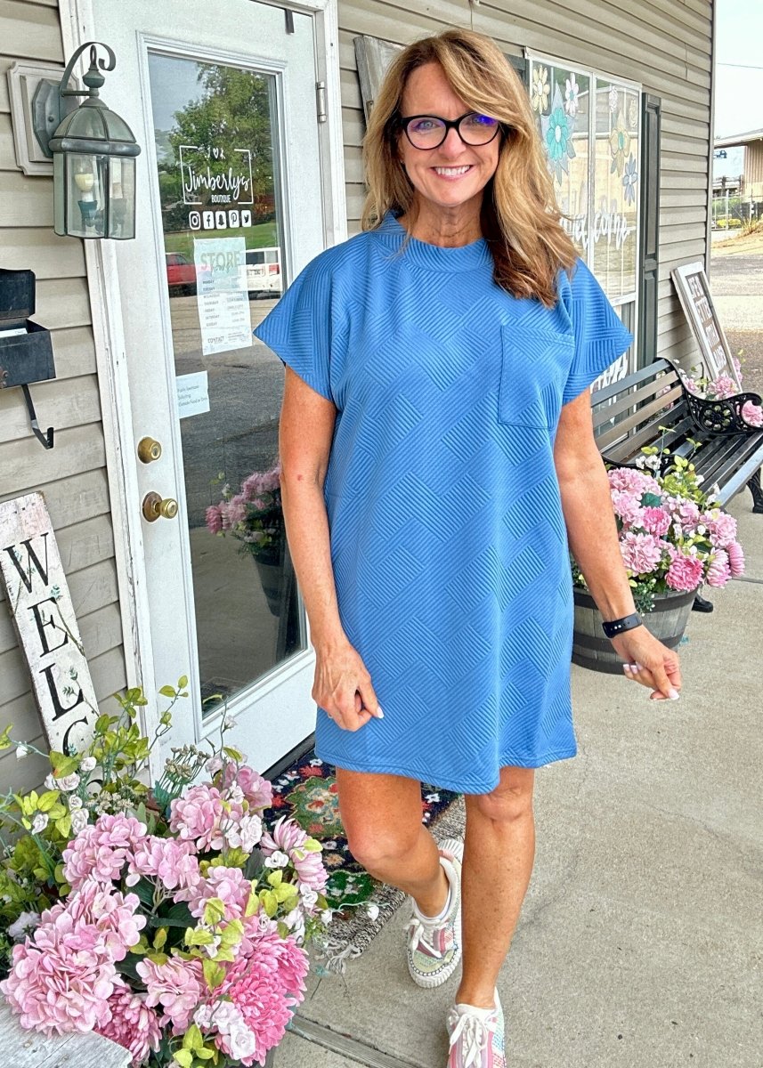 Textured T Shirt Dress - Dusty Blue Jimberly's Boutique Textured T Shirt Dress - Dusty Blue Jimberly's Boutique