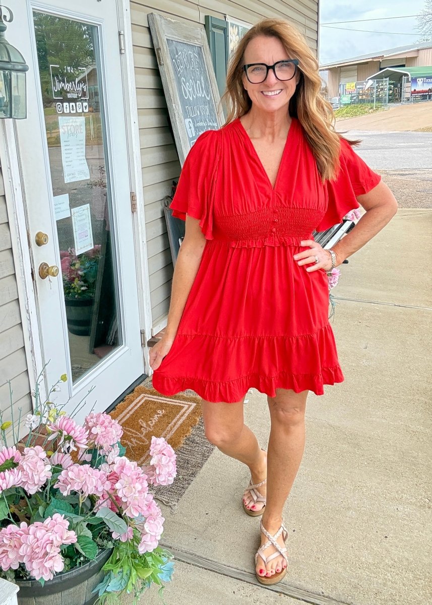 smocked waist dress Tiered Smocked Waist Dress - Red