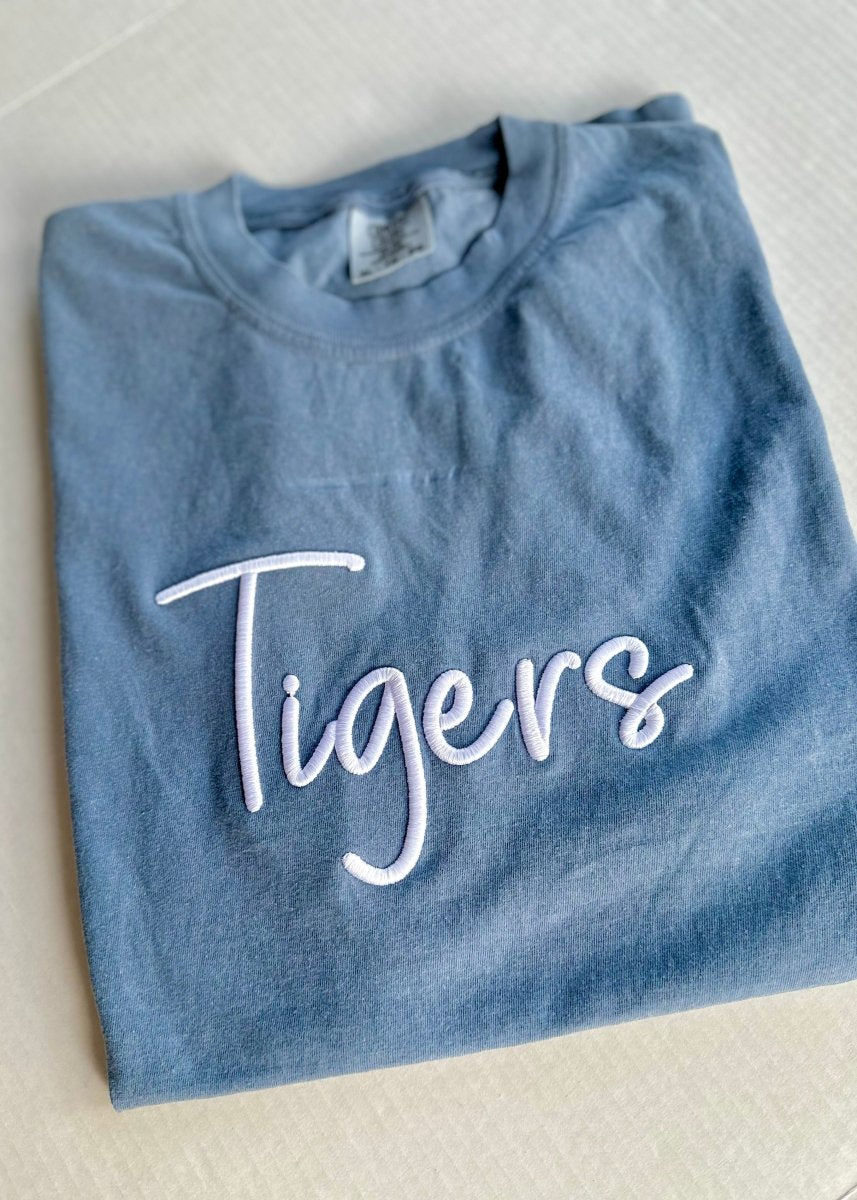 Tigers 3D Puff Embroidered Comfort Colors T-shirt - Blue Jean - Embroidered Comfort Colors -Jimberly's Boutique-Olive Branch-Mississippi