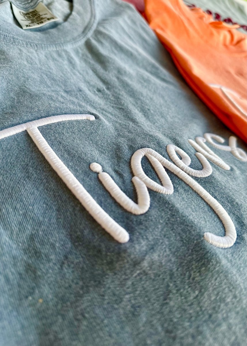 Tigers 3D Puff Embroidered Comfort Colors T-shirt - Blue Jean - Embroidered Comfort Colors -Jimberly's Boutique-Olive Branch-Mississippi