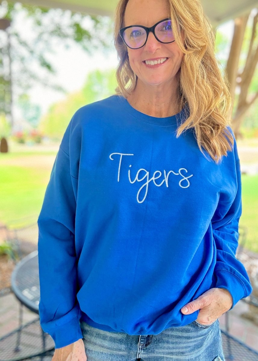 Tigers Chain Stitch Embroidered Sweatshirt - Blue w/White - Embroidered Sweatshirt - Jimberly's Boutique - Olive Branch - Mississippi