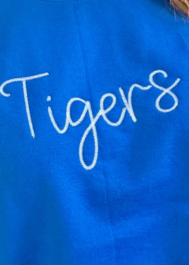 Tigers Chain Stitch Embroidered Sweatshirt - Blue w/White - Embroidered Sweatshirt - Jimberly's Boutique - Olive Branch - Mississippi