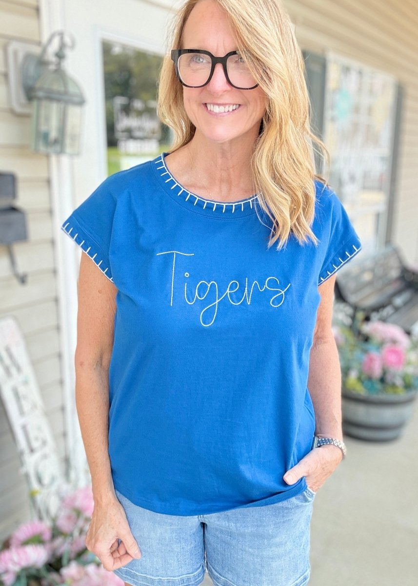 Tigers Embroidered Stitch Detail Top - embroidered t shirt -Jimberly's Boutique-Olive Branch-Mississippi