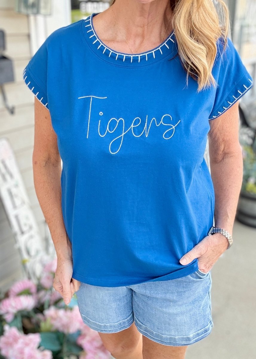 Tigers Embroidered Stitch Detail Top - embroidered t shirt -Jimberly's Boutique-Olive Branch-Mississippi