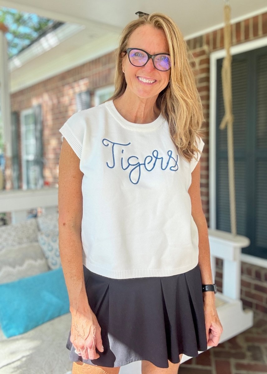Tigers Embroidered Sweater Vest - Ivory w/Blue - gameday - Jimberly's Boutique - Olive Branch - Mississippi