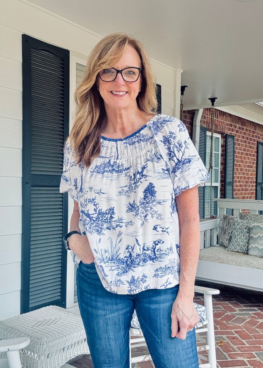 Toile Smock Neck Top - Blue | Umgee - Umgee Top - Jimberly's Boutique - Olive Branch - Mississippi