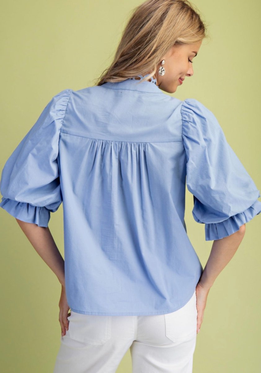Trim Detail Button Down Blouse - Blue - Jimberly's Boutique - Olive Branch - Mississippi