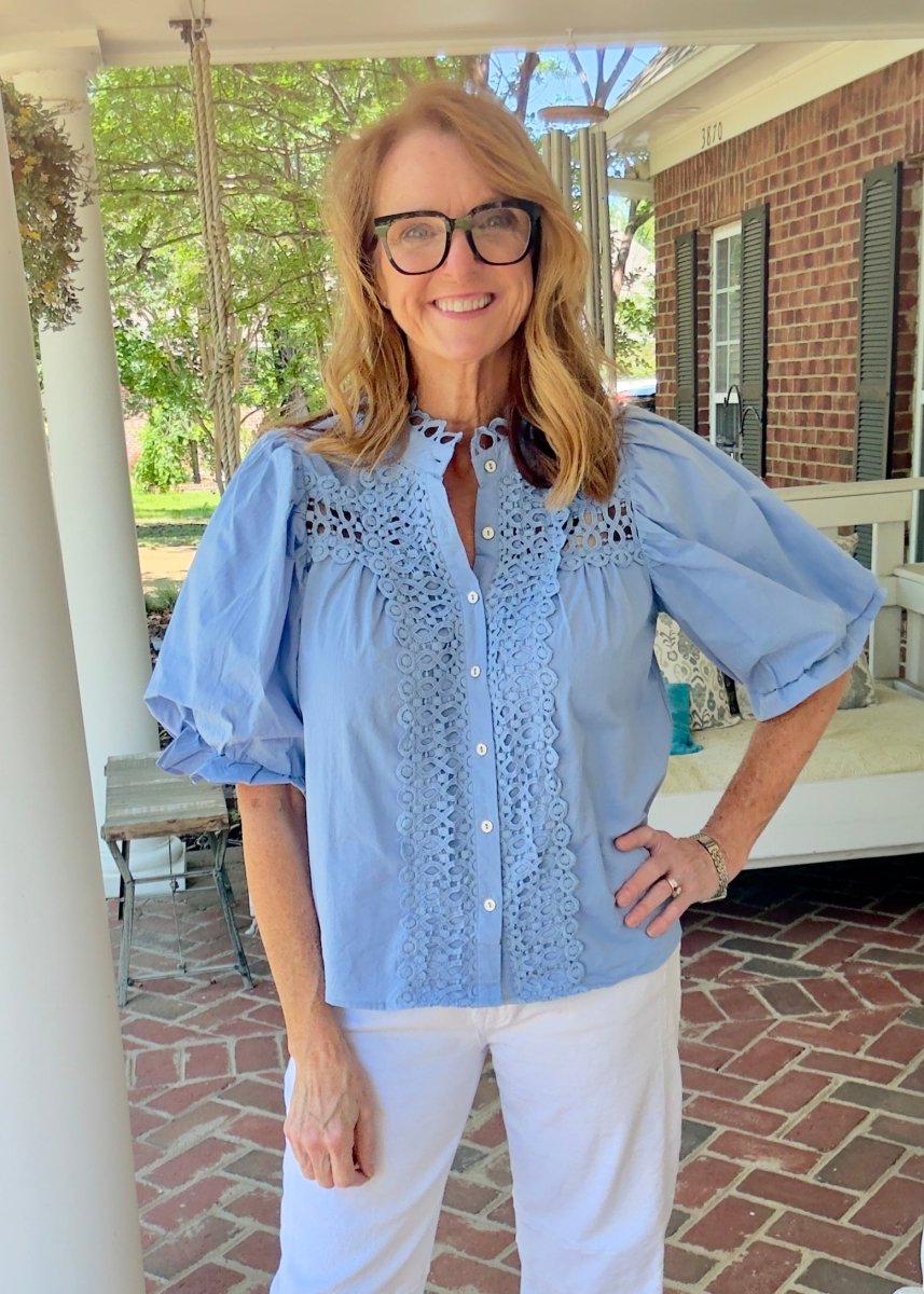 Trim Detail Button Down Blouse - Blue - Jimberly's Boutique - Olive Branch - Mississippi