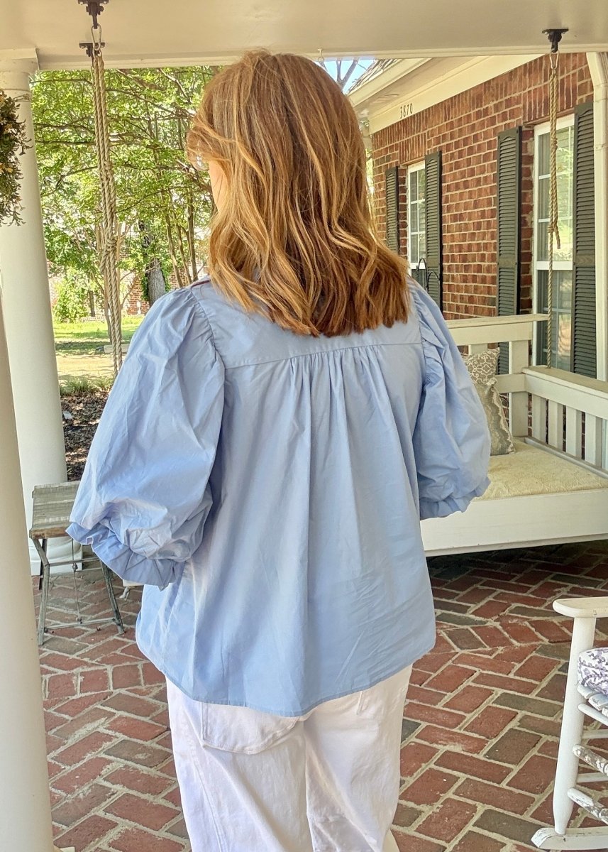 Trim Detail Button Down Blouse - Blue - Jimberly's Boutique - Olive Branch - Mississippi