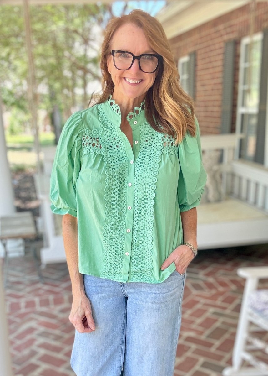 Trim Detail Button Down Blouse - Green - Jimberly's Boutique-Olive Branch-Mississippi