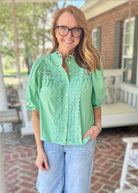 Trim Detail Button Down Blouse - Green - Jimberly's Boutique-Olive Branch-Mississippi