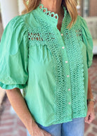 Trim Detail Button Down Blouse - Green - Jimberly's Boutique-Olive Branch-Mississippi