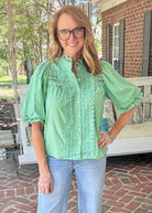 Trim Detail Button Down Blouse - Green - Jimberly's Boutique-Olive Branch-Mississippi
