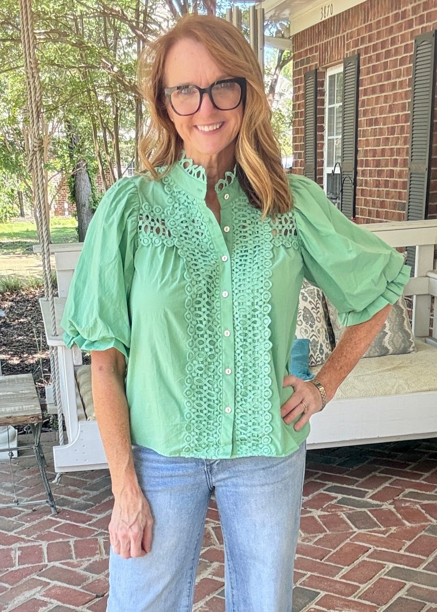 Trim Detail Button Down Blouse - Green - Jimberly's Boutique-Olive Branch-Mississippi
