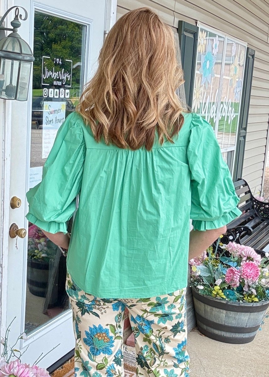Trim Detail Button Down Blouse - Green - Jimberly's Boutique-Olive Branch-Mississippi