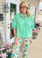 Trim Detail Button Down Blouse - Green - Jimberly's Boutique-Olive Branch-Mississippi