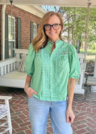 Trim Detail Button Down Blouse - Green - Jimberly's Boutique-Olive Branch-Mississippi