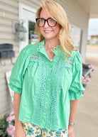 Trim Detail Button Down Blouse - Green - Jimberly's Boutique-Olive Branch-Mississippi