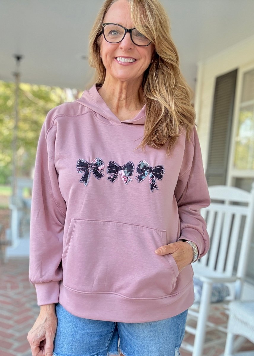 Triple Bow Applique' Hoodie - Mauve | Dear Scarlett - hoodie - Jimberly's Boutique - Olive Branch - Mississippi