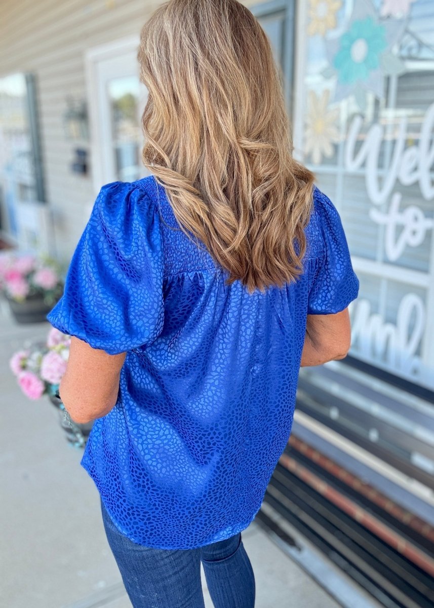 Umgee Smocked Animal Print Top - Cobalt - Shirts & Tops - Jimberly's Boutique - Olive Branch - Mississippi