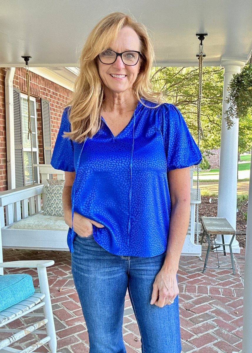 Umgee Smocked Animal Print Top - Cobalt - Shirts & Tops - Jimberly's Boutique - Olive Branch - Mississippi