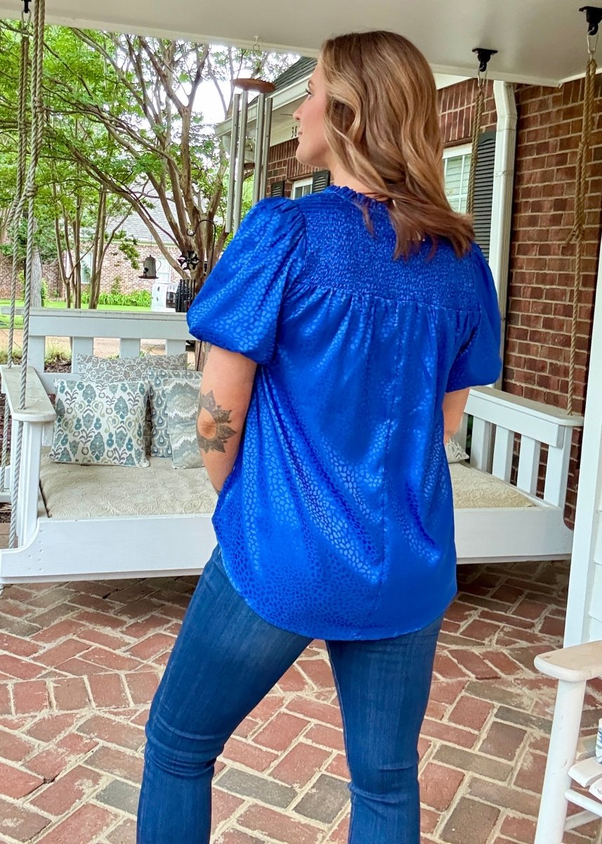 Umgee Smocked Animal Print Top - Cobalt - Shirts & Tops - Jimberly's Boutique - Olive Branch - Mississippi